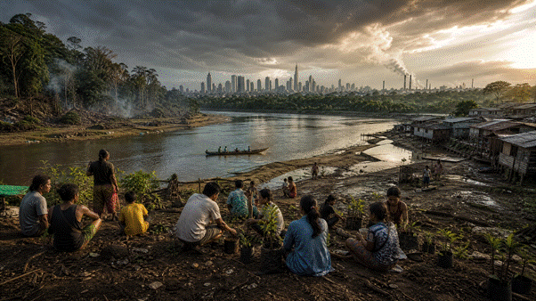 Composição editorial inspirada na introdução do artigo: crise climática, desigualdade ambiental, território vulnerável, cidade industrial e resistência comunitária.