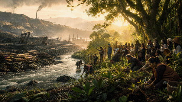 Representação do contraste entre a exploração da natureza como recurso e sua defesa como direito coletivo, com mineração, indústria, floresta, rio e mobilização comunitária.