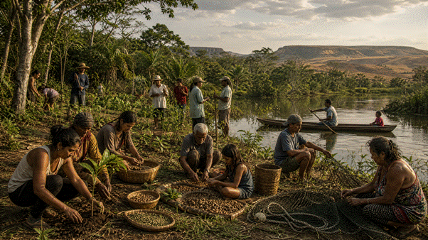 A cena destaca comunidades tradicionais, plantio de espécies nativas, sementes crioulas, pesca artesanal, transmissão de conhecimentos entre gerações e a relação da natureza como território, memória e casa comum.