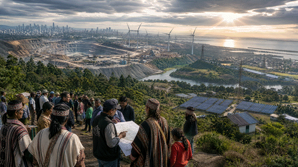 Representação da disputa geopolítica por recursos e os desafios de uma transição energética justa: mineração, energia renovável, cidades industrializadas, comunidades do Sul Global, participação territorial e cooperação comunitária.