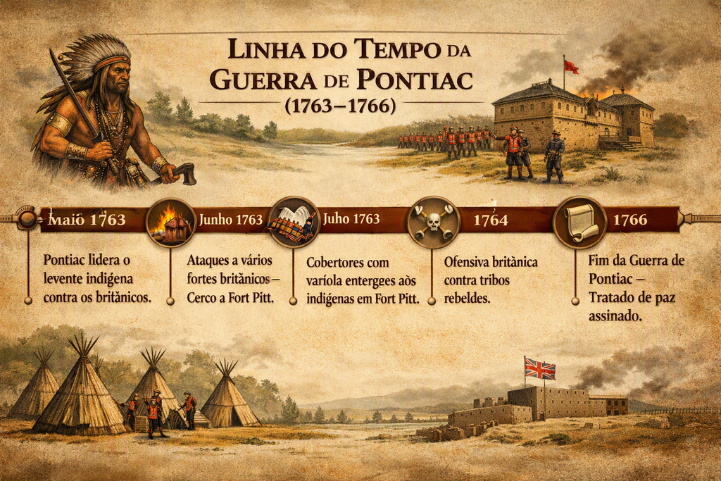 Linha do tempo da Guerra de Pontiac mostrando o uso de cobertores contaminados com varíola em Fort Pitt, 1763