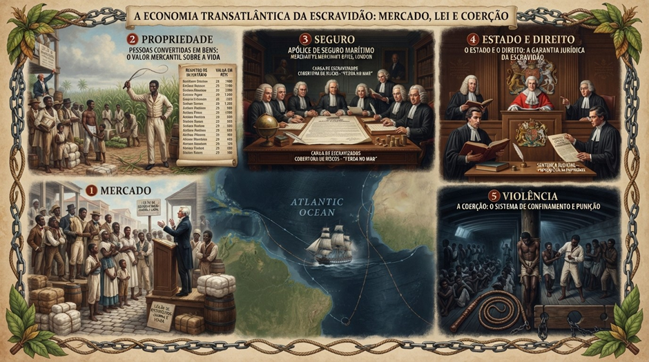 Infográfico histórico emoldurado por folhas tropicais e correntes, organizado em cinco painéis sobre a escravidão atlântica: mercado, com pessoas escravizadas reunidas diante de comerciantes e fardos; propriedade, com uma cena de negociação e uma lista de valores; seguro, com autoridades examinando uma apólice marítima; Estado e direito, com magistrados, tribunal e documentos; e violência, mostrando o confinamento e a punição em um porão escuro. Ao centro, um mapa do Atlântico conecta África, Europa e Américas, com um veleiro sobre o oceano.