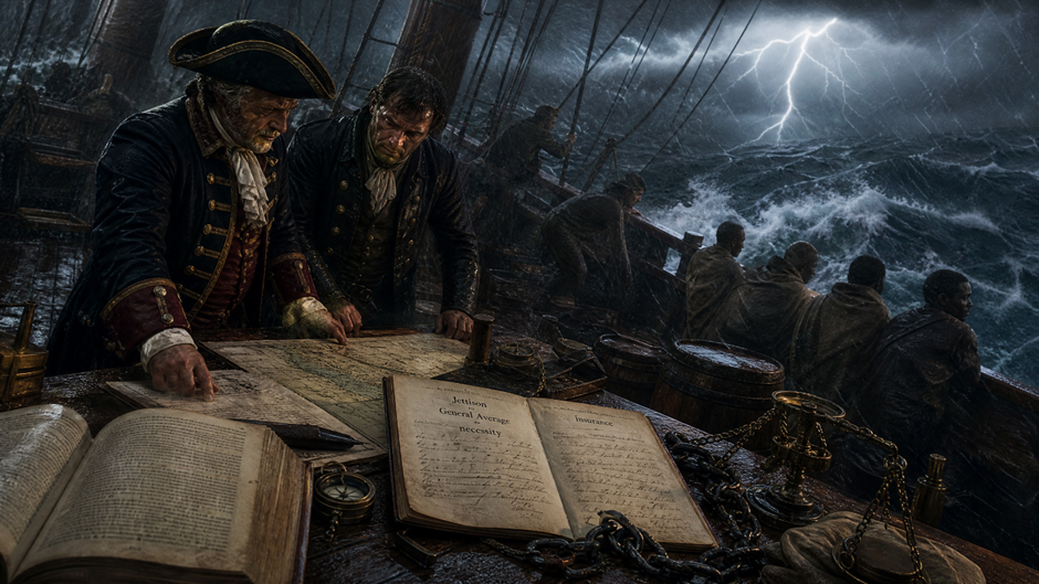 Convés de um navio negreiro inclinado durante uma tempestade, com capitão e oficial diante de mapas, barris e documentos que associam jettison, avaria grossa e seguro; correntes e silhuetas humanas tornam visível a violência racionalizada pela linguagem técnica.