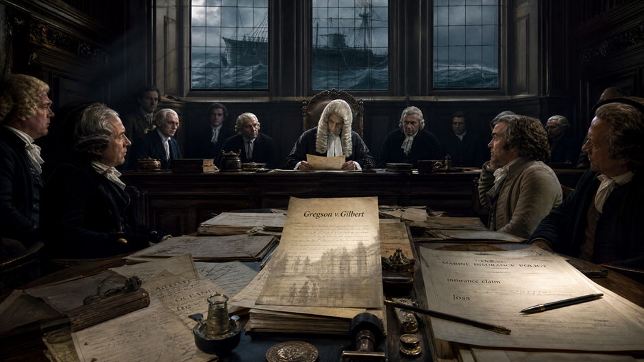 Tribunal britânico do século XVIII com Lord Mansfield examinando documentos, advogados e seguradores em disputa; uma apólice, mapas e registros sobre a mesa contrastam com a presença simbólica do navio Zong e das vítimas ao fundo.