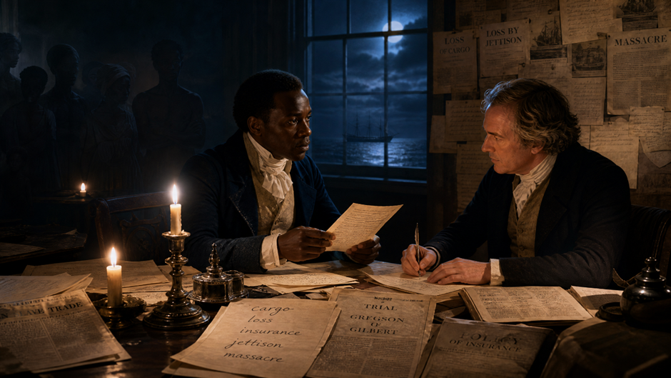 Olaudah Equiano entrega ou lê uma carta diante de Granville Sharp em uma sala de estudos; sobre a mesa estão jornais, cartas, apólices e documentos do caso, enquanto silhuetas das vítimas e o navio Zong aparecem ao fundo.