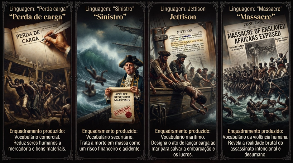 Infográfico em quatro painéis que mostra a transformação da linguagem usada para descrever a violência do tráfico escravista. Da esquerda para a direita, “perda de carga” apresenta pessoas confinadas sob um vocabulário comercial; “sinistro” mostra um navio em tempestade e enquadra as mortes como risco securitário; “jettison” retrata marinheiros lançando pessoas ao mar para preservar a embarcação e os lucros; e “massacre” apresenta a denúncia pública do assassinato intencional e da desumanização. Cada painel combina uma cena histórica com uma explicação sobre o enquadramento produzido pela linguagem.