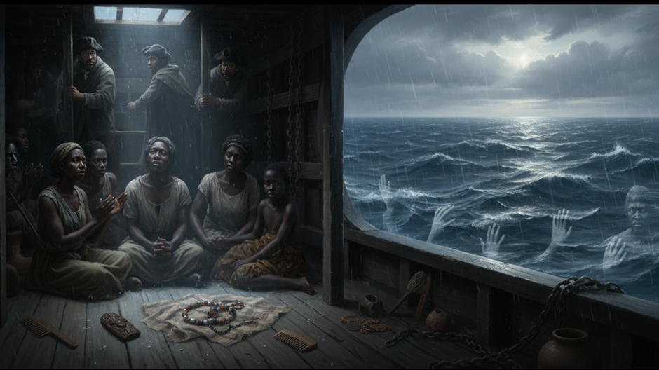 Pessoas africanas escravizadas preservam vínculos e gestos culturais dentro do navio, compartilhando tecido, contas e amuletos; o Atlântico tempestuoso ao redor funciona como rota de violência, diáspora e memória coletiva.