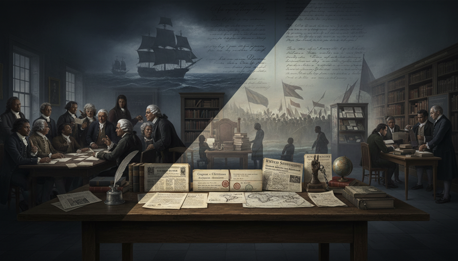 Composição temporal que reúne tribunal, sala de reunião abolicionista, documentos, jornais, biblioteca e espaço contemporâneo de pesquisa; o navio Zong e silhuetas das vítimas conectam denúncia, memória e historiografia.