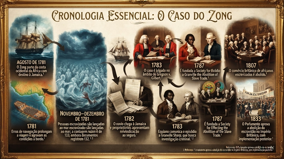 Linha do tempo ilustrada do caso Zong, de 1781 a 1833. Em agosto de 1781, o navio parte da costa ocidental da África rumo à Jamaica; ainda em 1781, erros de navegação prolongam a viagem e, entre novembro e dezembro, 133 pessoas escravizadas são lançadas ao mar, embora uma fonte registre 132. Em 1782, o navio chega à Jamaica e os proprietários apresentam uma reivindicação de seguro. Em 1783, o caso é julgado em Gregson v. Gilbert, enquanto Olaudah Equiano comunica o episódio a Granville Sharp. A sequência também registra a fundação da Society for Effecting the Abolition of the Slave Trade em 1787, a abolição do comércio britânico de africanos escravizados em 1807 e a aprovação, em 1833, da abolição da escravidão no Império Britânico, implementada posteriormente. Ilustrações de navios, tribunal, documentos, ativistas e reuniões abolicionistas acompanham cada etapa.