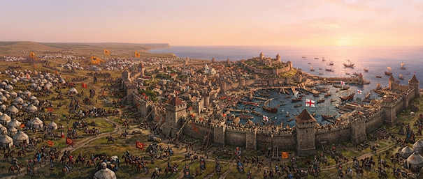 Ilustração histórica do Cerco de Caffa, apresentando a cidade fortificada e o ambiente marítimo do conflito no Mar Negro.