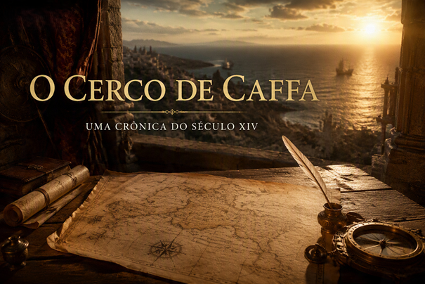Ilustração histórica relacionada ao Cerco de Caffa, com a cidade fortificada e embarcações no Mar Negro.