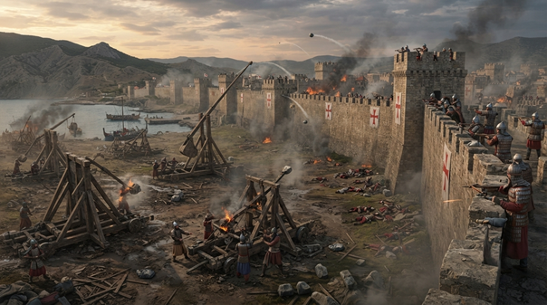 Ilustração do primeiro cerco de Caffa, mostrando forças da Horda Dourada e a cidade genovesa sob ataque.