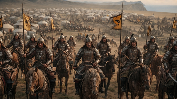 Representação do segundo cerco de Caffa, com o exército mongol acampado ao redor da cidade fortificada.