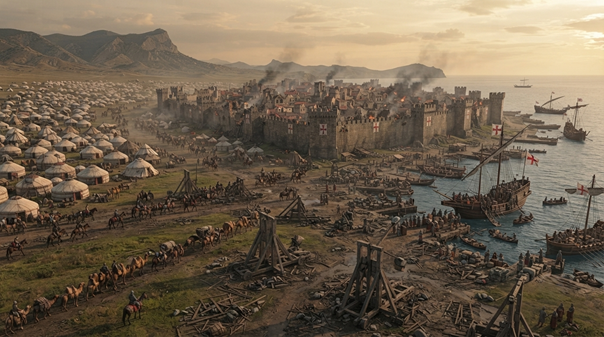 Representação do segundo cerco de Caffa, com o exército mongol acampado ao redor da cidade fortificada.