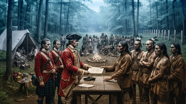 Cena representando a assinatura do Tratado de Pontiac em 1766  entre oficiais britânicos e líderes indígenas.