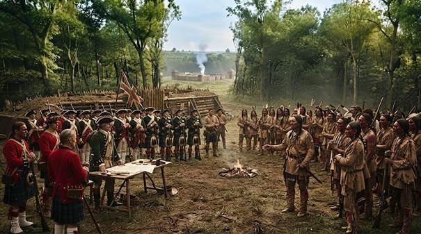 Cena de negociação entre oficiais britânicos e líderes indígenas, relacionada à entrega dos cobertores infectados.