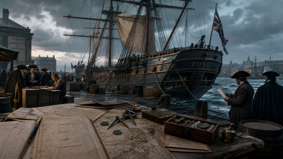 Porto histórico sob luz fria e neblina, com o navio Zong atracado ao fundo e uma mesa coberta por documentos, correntes, livro aberto, moedas e instrumentos de escrita em primeiro plano.
