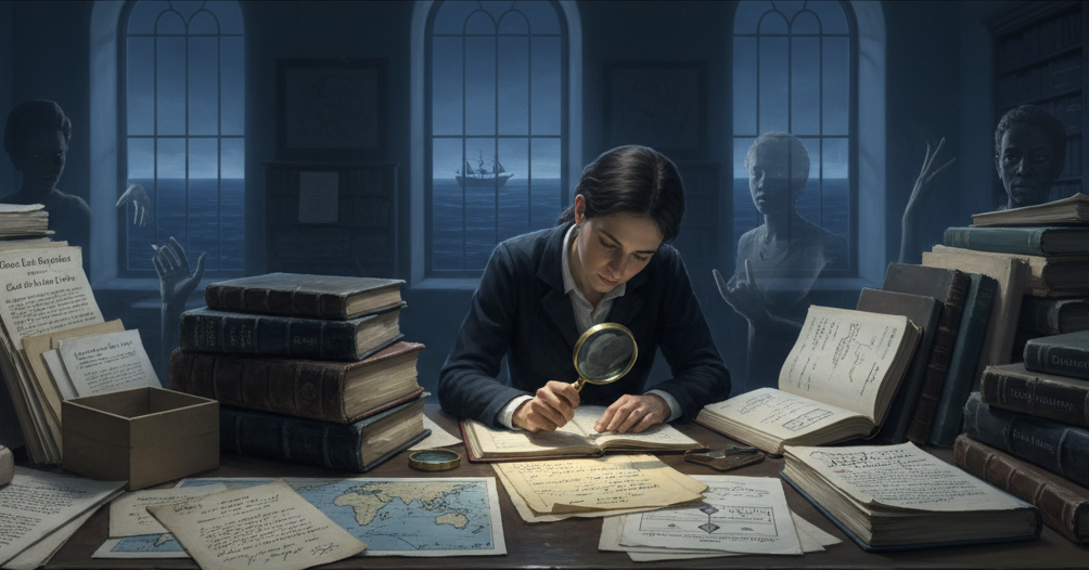 Pesquisador examina com uma lupa processos, apólices, cartas, mapas, catálogos e livros em uma sala de arquivo; páginas incompletas e silhuetas humanas ao fundo representam a análise crítica das fontes e as lacunas documentais.