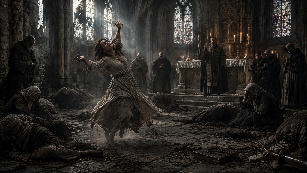 Interior sombrio e danificado de uma igreja medieval. No centro, uma mulher em vestes rasgadas e sujas dança ou convulsa de forma descontrolada, com os braços erguidos e expressão de êxtase ou dor. Ao redor, monges e um padre com crucifixo observam, enquanto vários corpos de fiéis jazem no chão de pedra entre rosários e objetos religiosos caídos. A cena representa a Coreomania como possessão e o confronto entre o corpo em revolta e a autoridade eclesiástica.