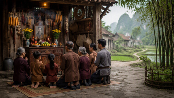 Família reunida em um ritual ancestral.