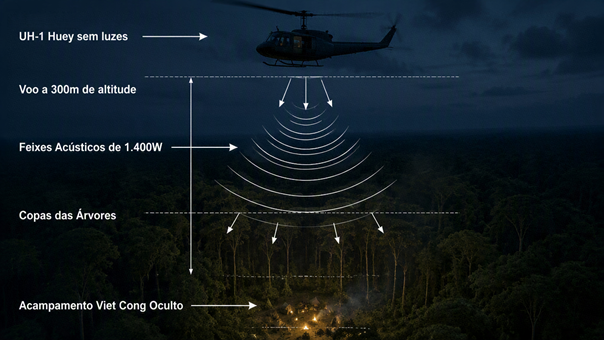 UH-1 Huey sem luzes → Voo a 300 m → Feixes acústicos de 1.400 W → Copas das árvores → Acampamento Viet Cong oculto.