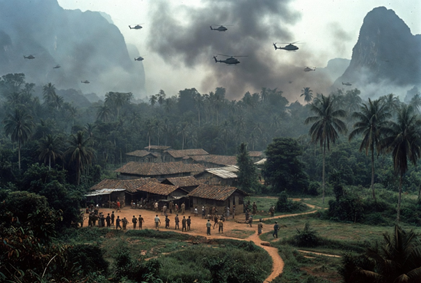 Esquadrão de helicópteros norte-americanos sobrevoando uma vila rural no Vietnã do Sul durante a guerra.