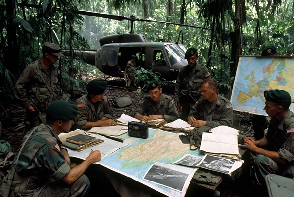 Oficiais e soldados norte-americanos planejando operação de combate e infiltração aéreo transportados por helicópteros no Vietnã, 1968.