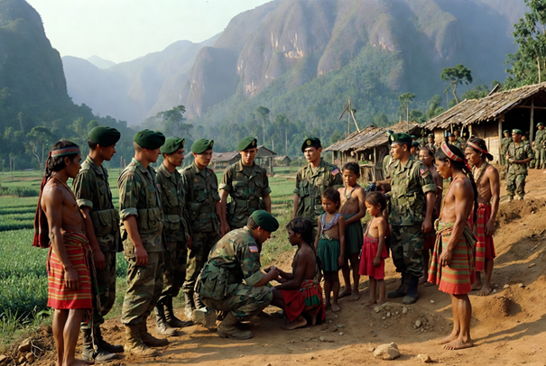 Soldados Boinas Verdes confraternizando com os Montagnards (povos das montanhas), grupos étnicos indígenas das Terras Altas Centrais.