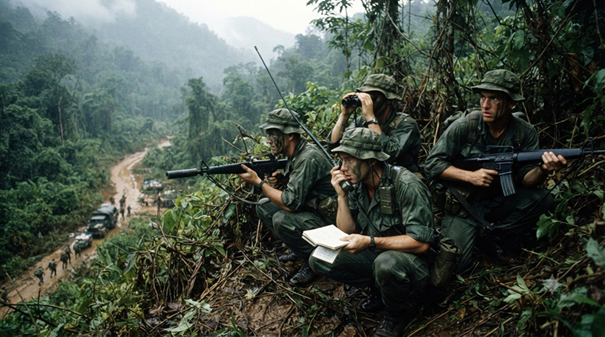 Equipe das Forças Especiais (Boinas Verdes) monitorando a Trilha Ho Chi Minh, principal rota de suprimentos do Norte para os Viet Cong.