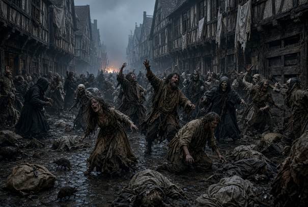 Multidão em uma rua medieval tomada pelo caos, com pessoas em trajes rasgados e cobertos de lama dançando compulsivamente entre corpos e ratos, sob um céu cinzento e fumaça ao fundo. A cena evoca o horror coletivo e o desespero humano diante da peste e da fome.
