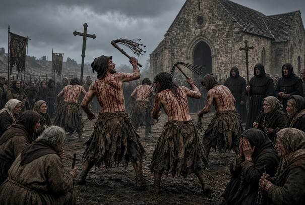 Cena medieval sombria em frente a uma igreja de pedra sob céu nublado. Homens flagelantes de costas nuas e ensanguentadas açoitam-se com chicotes em ritual de penitência pública. Ao redor, uma multidão de pessoas emaciadas observa ou se ajoelha em oração e desespero, enquanto monges em hábitos escuros presenciam a cena. O ambiente transmite terror escatológico, culpa coletiva e a teologia do castigo divino.