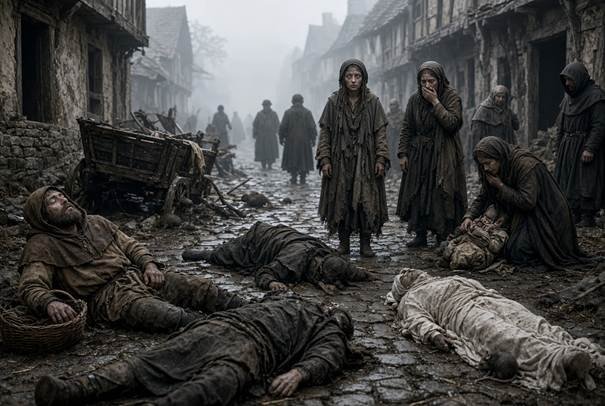 Rua medieval coberta de neblina após a Peste Negra. Vários corpos de moradores vestidos com roupas rasgadas e sujas jazem no chão de pedra. Ao centro e à direita, sobreviventes emaciados observam a cena com expressões de choque, luto e desespero: uma mulher em pé com olhar perdido, outra cobrindo a boca e uma terceira ajoelhada ao lado de uma criança. Um carroça abandonada e ratos completam a atmosfera de morte súbita, trauma coletivo e desamparo.