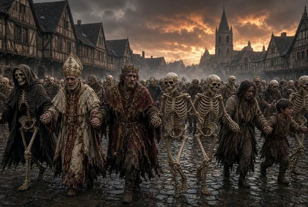 Cena fotorealista da Danse Macabre em uma praça medieval ao entardecer. Esqueletos conduzem pela mão um papa com tiara e vestes rasgadas, um rei com coroa quebrada e manto vermelho-dourado deteriorado, camponeses em farrapos e uma criança, todos dançando juntos no mesmo cortejo. Ao fundo, casas de enxaimel e uma igreja sob céu dramático alaranjado e nublado. A imagem representa a morte nivelando todas as hierarquias sociais.