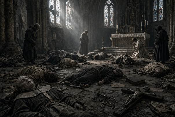 Interior sombrio de uma igreja medieval após a Peste Negra. Dezenas de corpos de padres, monges e fiéis jazem espalhados pelo chão de pedra, misturados a rosários, livros e um crucifixo caído. Poucos sobreviventes restam em pé ou ajoelhados em desespero e silêncio, sob raios de luz fria que entram pelas janelas. A cena representa o colapso da fé e a impotência da Igreja diante da morte indiscriminada.