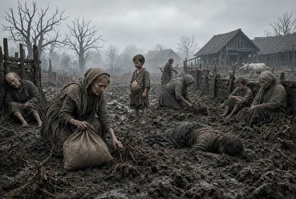 Cena de fome crônica em uma aldeia medieval sob céu cinzento e neblina. Camponeses extremamente emaciados, cobertos de lama e farrapos, tentam sobreviver em um campo barrento e estéril. Uma mulher idosa ajoelhada recolhe raízes magras com um saco, uma criança de barriga inchada observa ao centro, e um corpo exausto jaz no chão. Ao fundo, casas precárias, árvores secas e um animal magro. A imagem representa a vulnerabilidade fisiopsicológica causada pela desnutrição e pelo esgotamento estrutural.