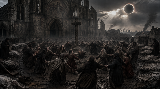 Grande multidão de pessoas em farrapos dança em círculo de mãos dadas ao redor de uma cruz de pedra e uma fogueira, em frente às ruínas de uma catedral gótica coberta por afrescos da Danse Macabre. Corpos cobertos jazem espalhados pelo chão lamacento. No céu dramático, um eclipse solar ilumina a cena com raios de luz. A imagem representa a Coreomania como ritual coletivo de desespero e o imaginário apocalíptico do fim do mundo.