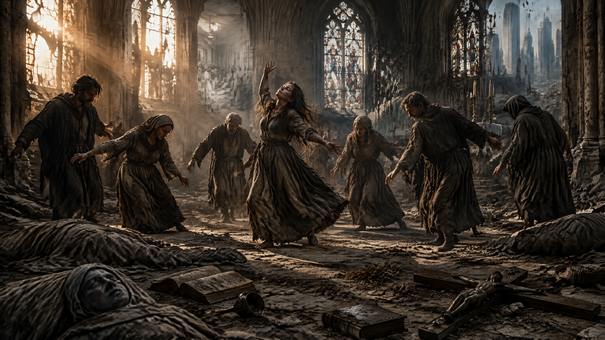 
Interior em ruínas de uma catedral gótica onde um grupo de pessoas em farrapos dança ou se move de forma convulsiva e desesperada. No centro, uma mulher de braços erguidos em êxtase ou agonia. Corpos jazem no chão entre livros, um crucifixo e escombros. Através das janelas quebradas, vê-se uma cidade moderna com arranha-céus, criando um contraste entre o trauma medieval e o mundo contemporâneo. A imagem representa a Coreomania como elo entre o passado e as formas atuais de expressão do sofrimento coletivo.